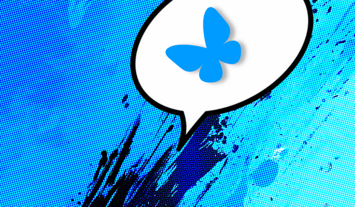 A bubble speech on a blue background with the Bluesky logo.