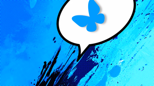 A bubble speech on a blue background with the Bluesky logo.