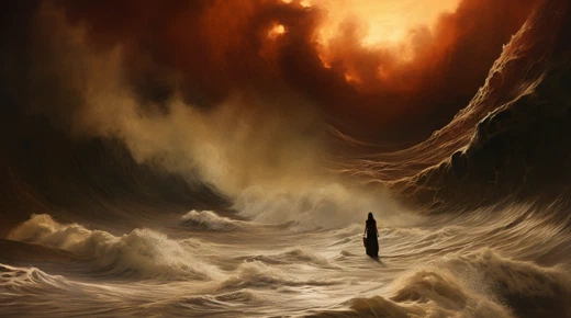 A human figure standing in the middle of thundering waves and a sky of flames.