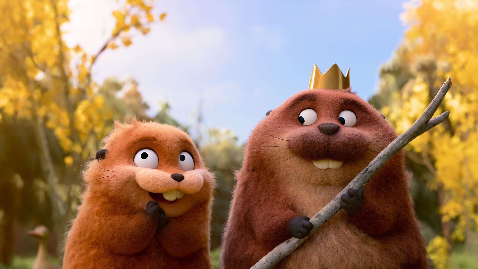 Mable (in beaver form) and King George, the beaver in a scene of the movie.