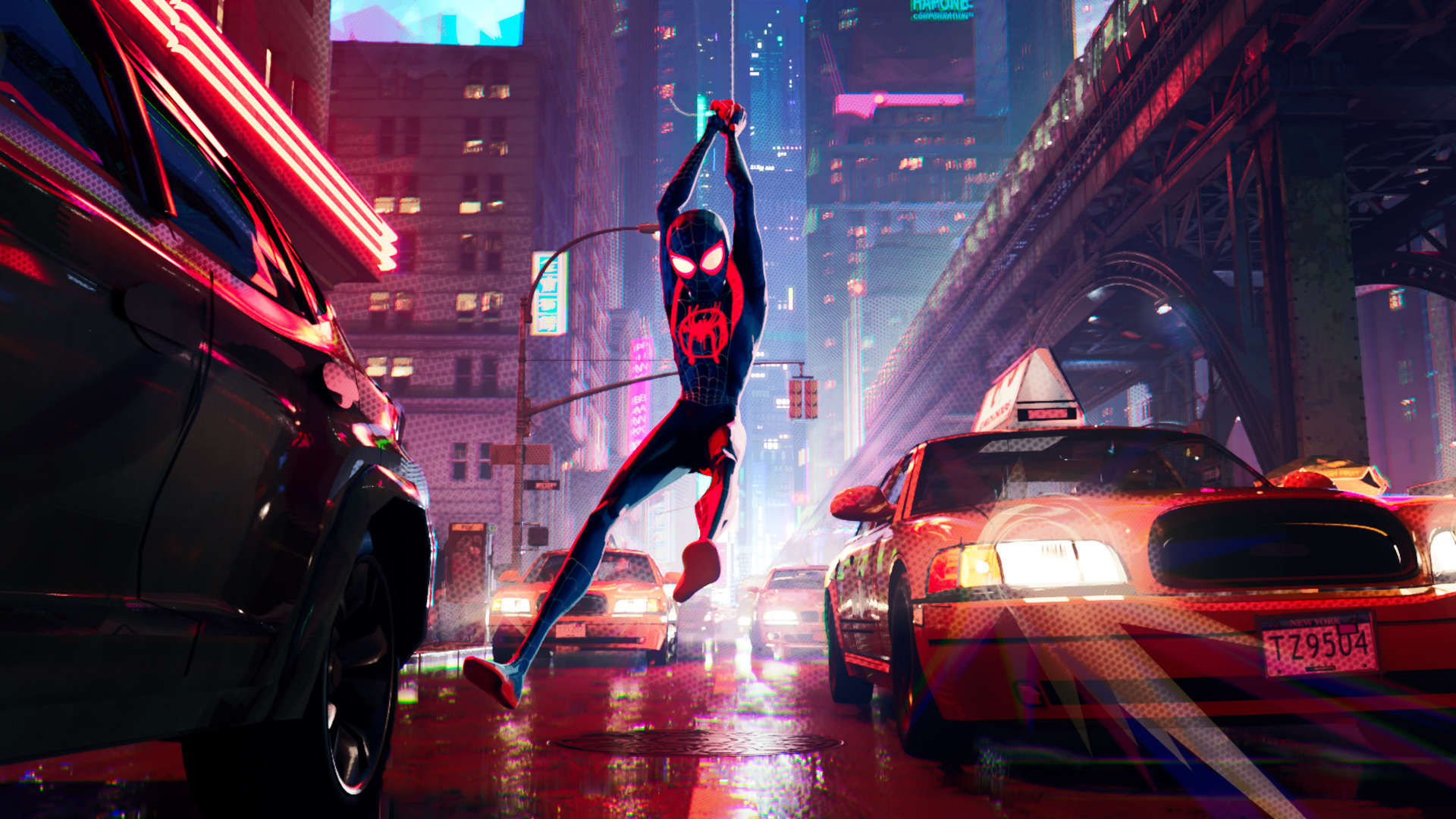 Miles Morales as Spiderman swinging in the city.
