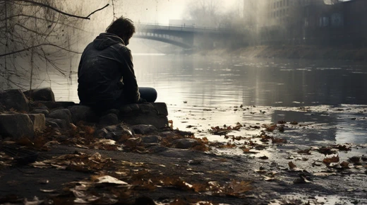 A sad person waiting for something on the riverbank.
