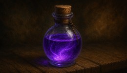 A painting of a purple potion in a glass bottle, with a cork stopper. The background is dark and blurry.