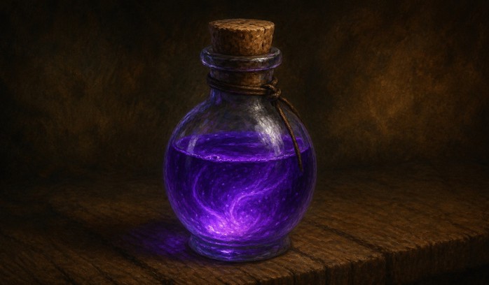 A painting of a purple potion in a glass bottle, with a cork stopper. The background is dark and blurry.