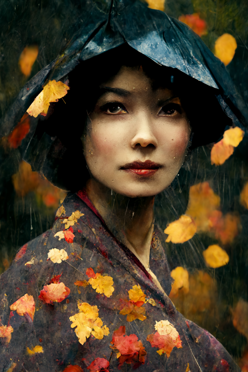 Image for “portrait of a beautiful Japanese woman under the rain, autumn.” Without adjustments. It is just the first thing the AI spit out.