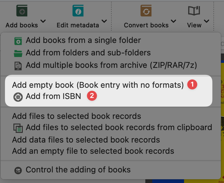 Image of the dropdown menu for adding new books to Calibre.